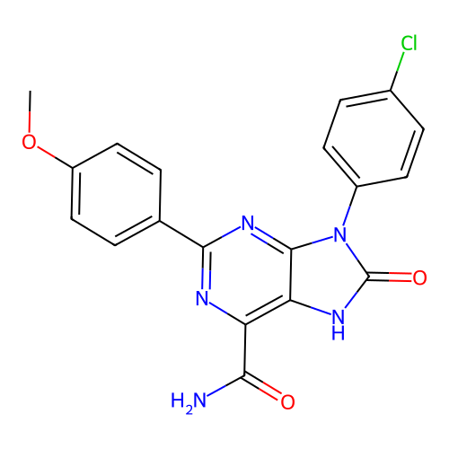 9-(4-chlorophenyl)-2-(4-methoxyphenyl)-8-oxo-8,9-dihydro-7H-purine-6-carboxamide structure