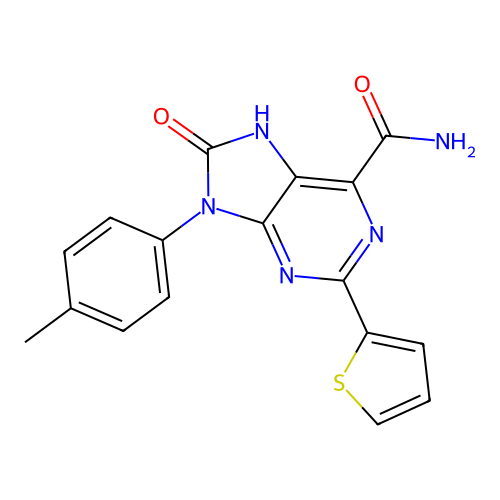 8-oxo-2-(thiophen-2-yl)-9-(p-tolyl)-8,9-dihydro-7H-purine-6-carboxamide structure