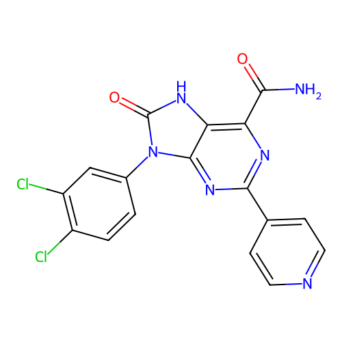 9-(3,4-dichlorophenyl)-8-oxo-2-(pyridin-4-yl)-8,9-dihydro-7H-purine-6-carboxamide structure