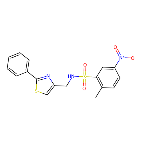 2-methyl-5-nitro-N-((2-phenylthiazol-4-yl)methyl)benzenesulfonamide structure