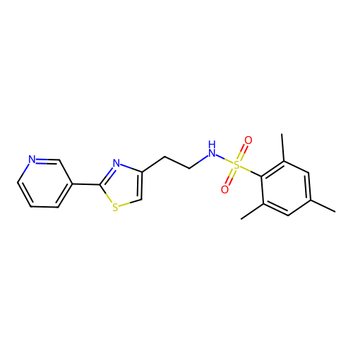2,4,6-trimethyl-N-(2-(2-(pyridin-3-yl)thiazol-4-yl)ethyl)benzenesulfonamide structure
