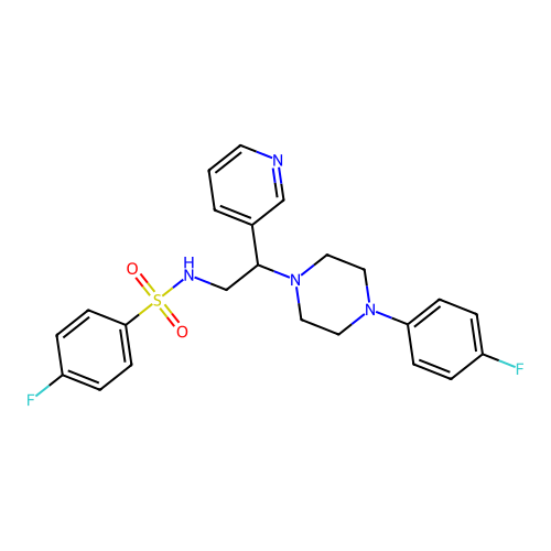 4-fluoro-N-(2-(4-(4-fluorophenyl)piperazin-1-yl)-2-(pyridin-3-yl)ethyl)benzenesulfonamide structure