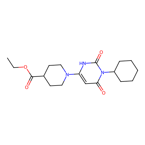 ethyl 1-(1-cyclohexyl-2,6-dioxo-1,2,3,6-tetrahydropyrimidin-4-yl)piperidine-4-carboxylate structure