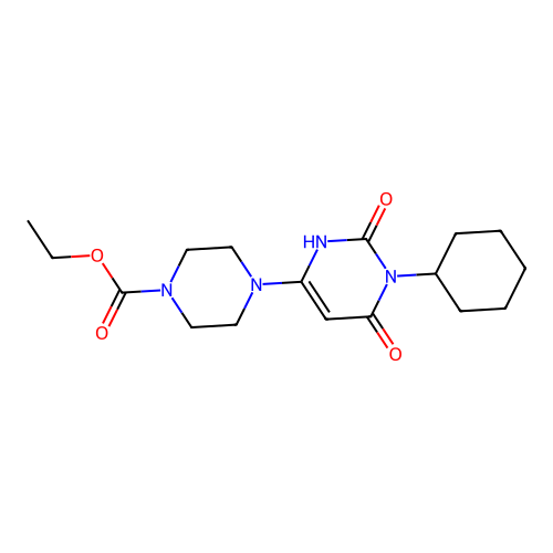 ethyl 4-(1-cyclohexyl-2,6-dioxo-1,2,3,6-tetrahydropyrimidin-4-yl)piperazine-1-carboxylate structure