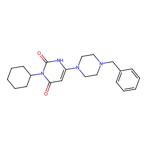6-(4-benzylpiperazin-1-yl)-3-cyclohexyl-1H-pyrimidine-2,4-dione structure