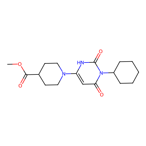 methyl 1-(1-cyclohexyl-2,6-dioxo-1,2,3,6-tetrahydropyrimidin-4-yl)piperidine-4-carboxylate structure