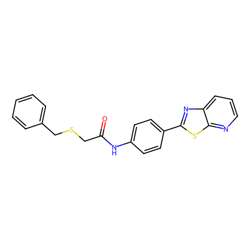 2-(benzylthio)-N-(4-(thiazolo[5,4-b]pyridin-2-yl)phenyl)acetamide structure