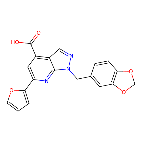 1-(2H-1,3-benzodioxol-5-ylmethyl)-6-(furan-2-yl)-1H-pyrazolo[3,4-b]pyridine-4-carboxylic acid structure