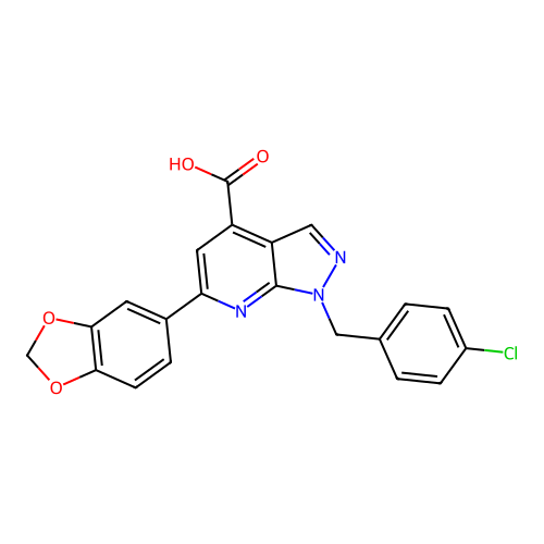 6-(1,3-benzodioxol-5-yl)-1-(4-chlorobenzyl)-1H-pyrazolo[3,4-b]pyridine-4-carboxylic acid structure