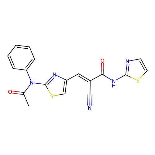 2-cyano-3-[2-(N-phenylacetamido)-1,3-thiazol-4-yl]-N-(1,3-thiazol-2-yl)prop-2-enamide structure