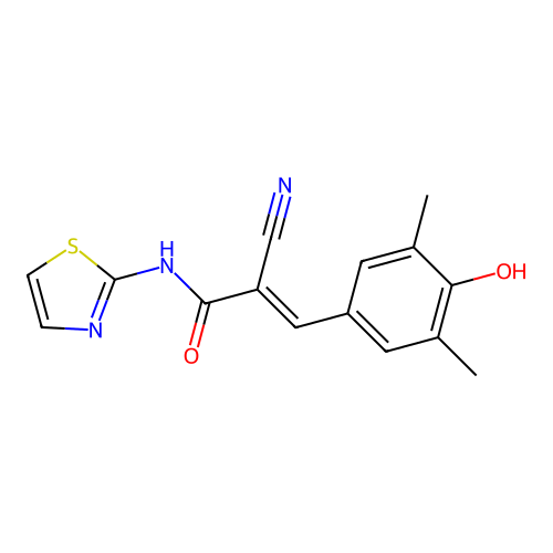 2-cyano-3-(4-hydroxy-3,5-dimethylphenyl)-N-(1,3-thiazol-2-yl)prop-2-enamide structure