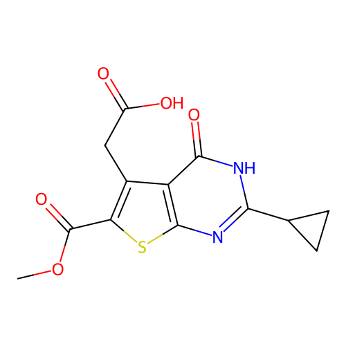 2-[2-cyclopropyl-6-(methoxycarbonyl)-4-oxo-3H,4H-thieno[2,3-d]pyrimidin-5-yl]acetic acid structure