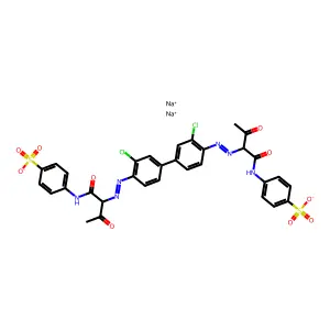 Benzenesulfonic acid, 4,4'-((3,3'-dichloro(1,1'-biphenyl)-4,4'-diyl)bis(azo(2-acetyl-1-oxo-2,1-ethanediyl)imino))bis-, labeled with carbon-14, disodium salt structure