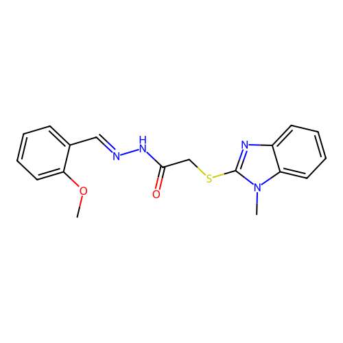 N-[(E)-(2-methoxyphenyl)methylideneamino]-2-(1-methylbenzimidazol-2-yl)sulfanylacetamide structure