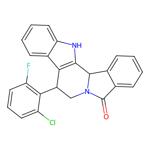 8-(2-chloro-6-fluorophenyl)-7,8,13,13b-tetrahydro-5H-benzo[1,2]indolizino[8,7-b]indol-5-one structure