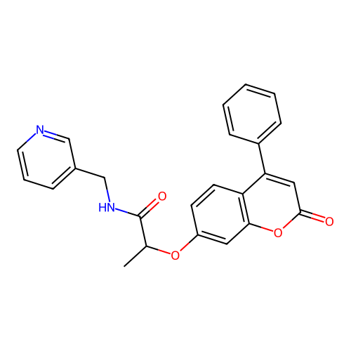 2-((2-oxo-4-phenyl-2H-chromen-7-yl)oxy)-N-(pyridin-3-ylmethyl)propanamide structure