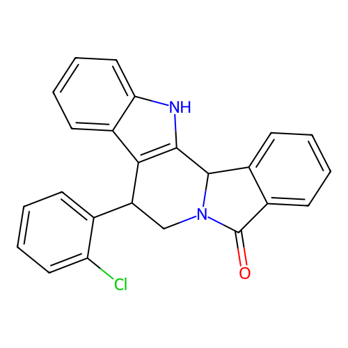 8-(2-chlorophenyl)-7,8,13,13b-tetrahydro-5H-benzo[1,2]indolizino[8,7-b]indol-5-one structure