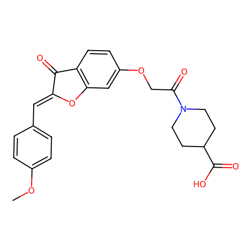 (Z)-1-(2-((2-(4-methoxybenzylidene)-3-oxo-2,3-dihydrobenzofuran-6-yl)oxy)acetyl)piperidine-4-carboxylic acid structure