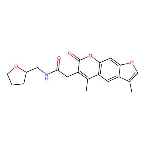 2-(3,5-dimethyl-7-oxo-7H-furo[3,2-g]chromen-6-yl)-N-((tetrahydrofuran-2-yl)methyl)acetamide structure