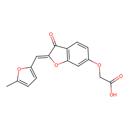 (Z)-2-((2-((5-methylfuran-2-yl)methylene)-3-oxo-2,3-dihydrobenzofuran-6-yl)oxy)acetic acid structure