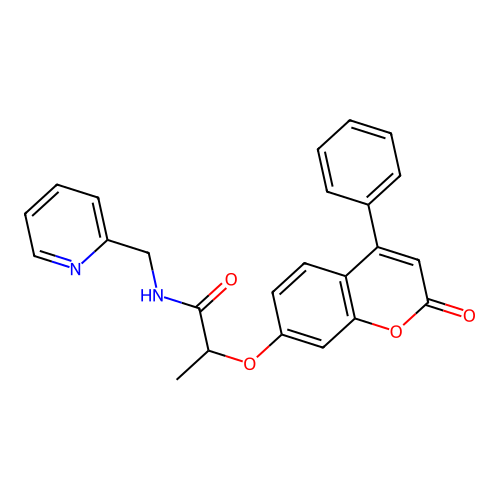 2-((2-oxo-4-phenyl-2H-chromen-7-yl)oxy)-N-(pyridin-2-ylmethyl)propanamide structure