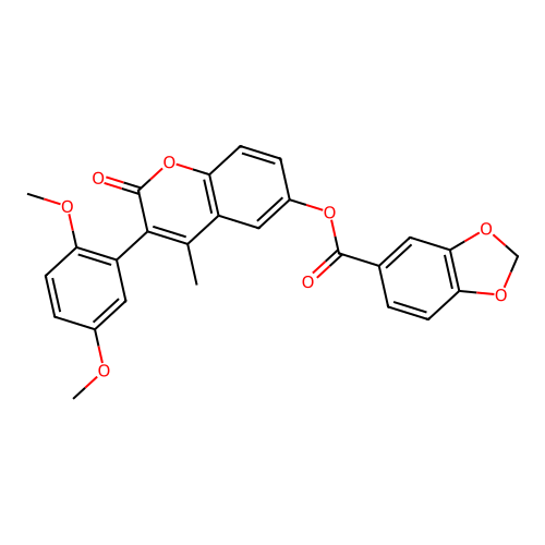 [3-(2,5-dimethoxyphenyl)-4-methyl-2-oxo-chromen-6-yl] Benzo[1,3]dioxole-5-carboxylate structure