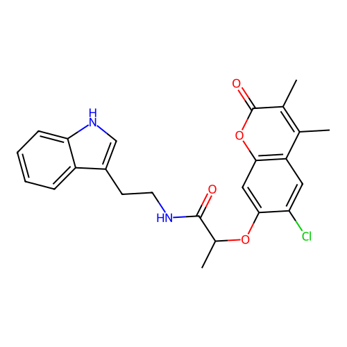 N-(2-(1H-indol-3-yl)ethyl)-2-((6-chloro-3,4-dimethyl-2-oxo-2H-chromen-7-yl)oxy)propanamide structure