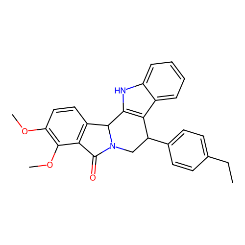 8-(4-ethylphenyl)-3,4-dimethoxy-7,8,13,13b-tetrahydro-5H-benzo[1,2]indolizino[8,7-b]indol-5-one structure