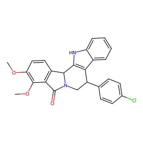 8-(4-chlorophenyl)-3,4-dimethoxy-7,8,13,13b-tetrahydro-5H-benzo[1,2]indolizino[8,7-b]indol-5-one structure