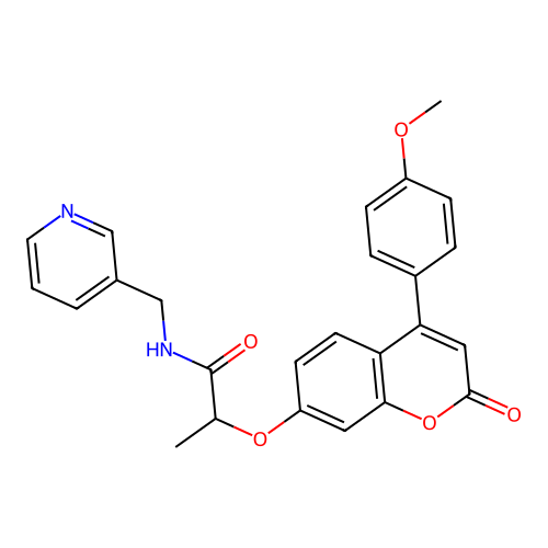 2-((4-(4-methoxyphenyl)-2-oxo-2H-chromen-7-yl)oxy)-N-(pyridin-3-ylmethyl)propanamide structure