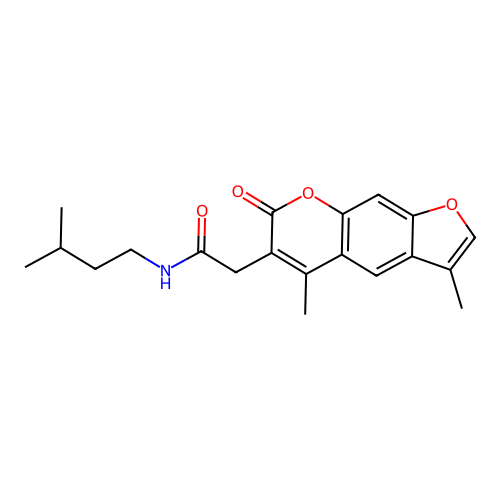 2-(3,5-dimethyl-7-oxo-7H-furo[3,2-g]chromen-6-yl)-N-isopentylacetamide structure