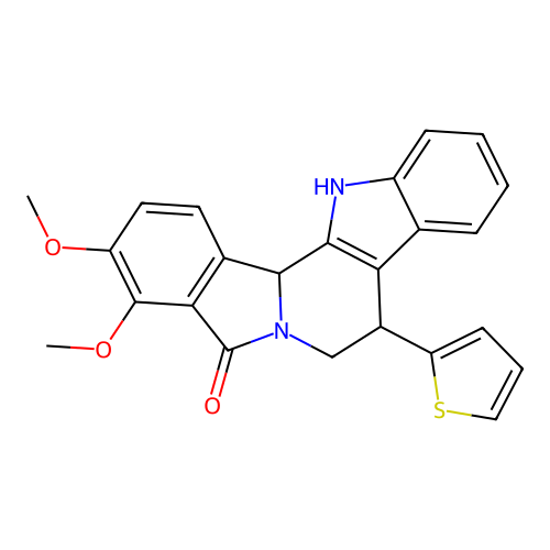 3,4-dimethoxy-8-(thiophen-2-yl)-7,8,13,13b-tetrahydro-5H-benzo[1,2]indolizino[8,7-b]indol-5-one structure