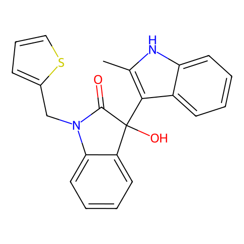 3-hydroxy-3-(2-methyl-1H-indol-3-yl)-1-(thiophen-2-ylmethyl)indolin-2-one structure