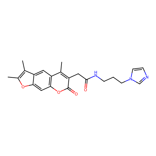 N-(3-(1H-imidazol-1-yl)propyl)-2-(2,3,5-trimethyl-7-oxo-7H-furo[3,2-g]chromen-6-yl)acetamide structure