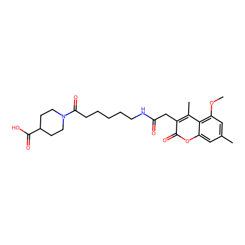 1-(6-(2-(5-methoxy-4,7-dimethyl-2-oxo-2H-chromen-3-yl)acetamido)hexanoyl)piperidine-4-carboxylic acid structure