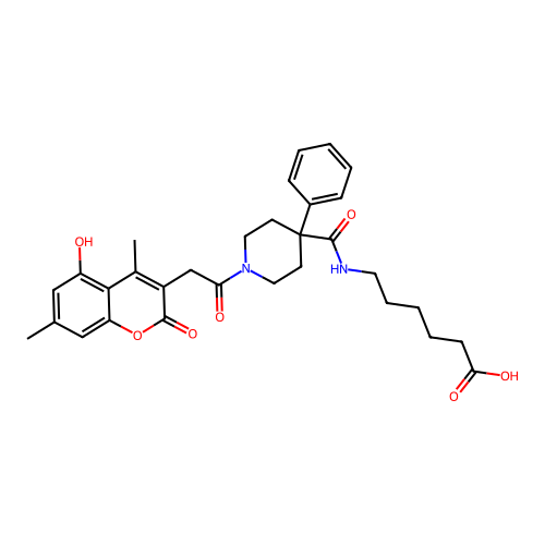 6-(1-(2-(5-hydroxy-4,7-dimethyl-2-oxo-2H-chromen-3-yl)acetyl)-4-phenylpiperidine-4-carboxamido)hexanoic acid structure