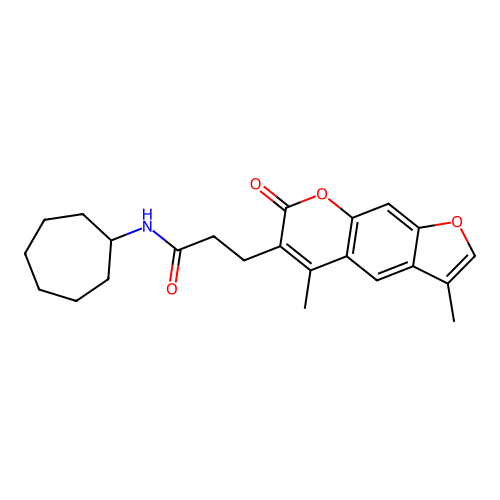 N-cycloheptyl-3-(3,5-dimethyl-7-oxo-7H-furo[3,2-g]chromen-6-yl)propanamide structure