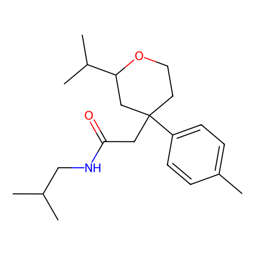 N-isobutyl-2-(2-isopropyl-4-(p-tolyl)tetrahydro-2H-pyran-4-yl)acetamide structure