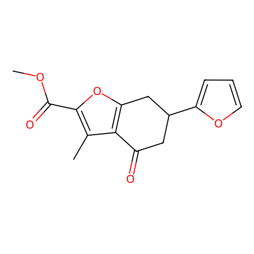 methyl 6-(furan-2-yl)-3-methyl-4-oxo-6,7-dihydro-5H-1-benzofuran-2-carboxylate structure