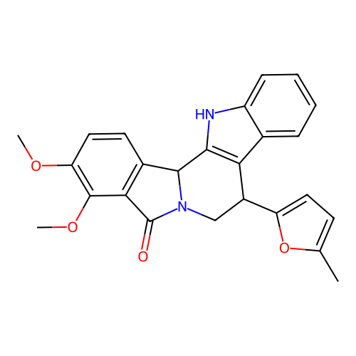 3,4-dimethoxy-8-(5-methylfuran-2-yl)-7,8,13,13b-tetrahydro-5H-benzo[1,2]indolizino[8,7-b]indol-5-one structure