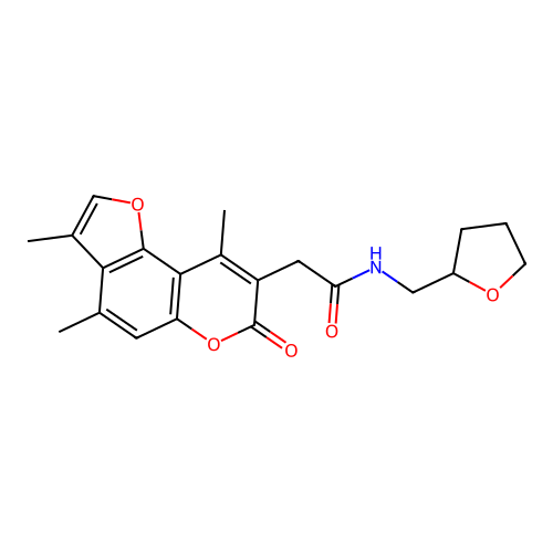 N-((tetrahydrofuran-2-yl)methyl)-2-(3,4,9-trimethyl-7-oxo-7H-furo[2,3-f]chromen-8-yl)acetamide structure