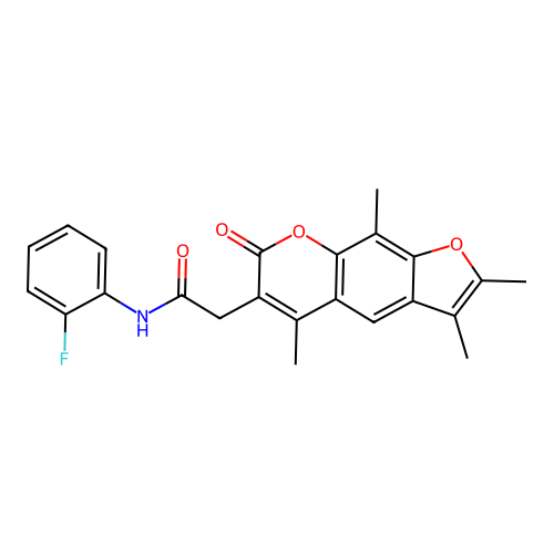 N-(2-fluorophenyl)-2-(2,3,5,9-tetramethyl-7-oxo-7H-furo[3,2-g]chromen-6-yl)acetamide structure