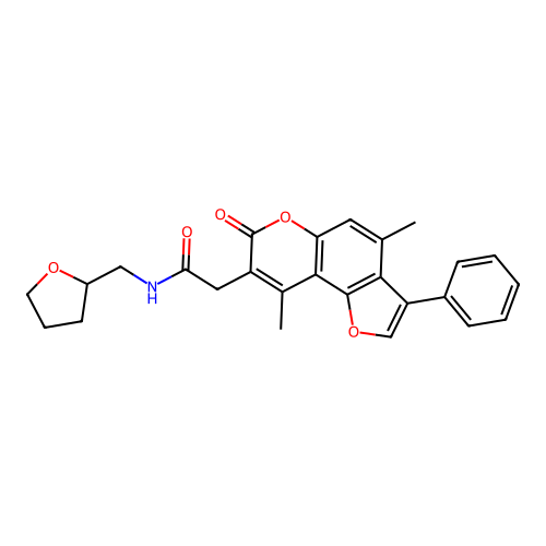 2-(4,9-dimethyl-7-oxo-3-phenyl-7H-furo[2,3-f]chromen-8-yl)-N-((tetrahydrofuran-2-yl)methyl)acetamide structure