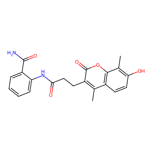 2-(3-(7-hydroxy-4,8-dimethyl-2-oxo-2H-chromen-3-yl)propanamido)benzamide structure