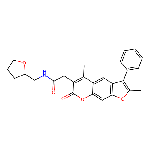 2-(2,5-dimethyl-7-oxo-3-phenyl-7H-furo[3,2-g]chromen-6-yl)-N-((tetrahydrofuran-2-yl)methyl)acetamide structure