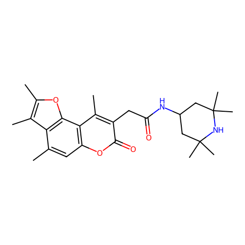 2-(2,3,4,9-tetramethyl-7-oxo-7H-furo[2,3-f]chromen-8-yl)-N-(2,2,6,6-tetramethylpiperidin-4-yl)acetamide structure