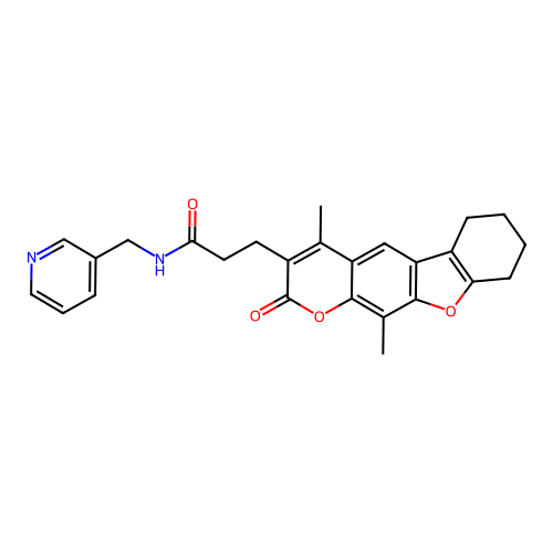 3-(4,11-dimethyl-2-oxo-6,7,8,9-tetrahydro-2H-benzofuro[3,2-g]chromen-3-yl)-N-(pyridin-3-ylmethyl)propanamide structure