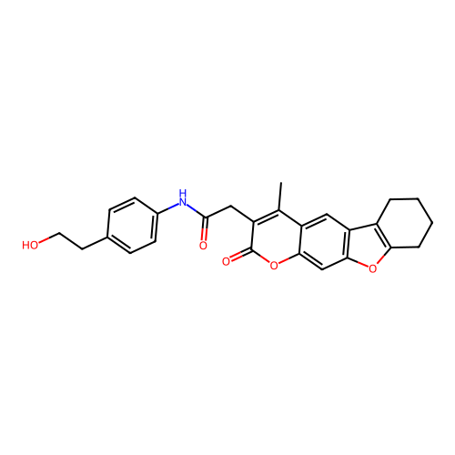 N-(4-(2-hydroxyethyl)phenyl)-2-(4-methyl-2-oxo-6,7,8,9-tetrahydro-2H-benzofuro[3,2-g]chromen-3-yl)acetamide structure