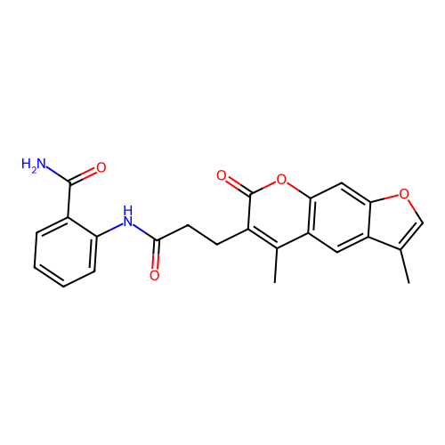 2-(3-(3,5-dimethyl-7-oxo-7H-furo[3,2-g]chromen-6-yl)propanamido)benzamide structure