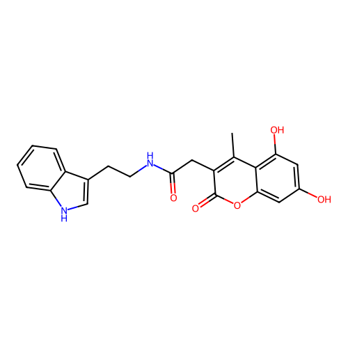N-(2-(1H-indol-3-yl)ethyl)-2-(5,7-dihydroxy-4-methyl-2-oxo-2H-chromen-3-yl)acetamide structure